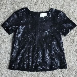 NEW! J.O.A. Matte Black Sequin T Shirt Top Chevron Pattern Full Back Zip S